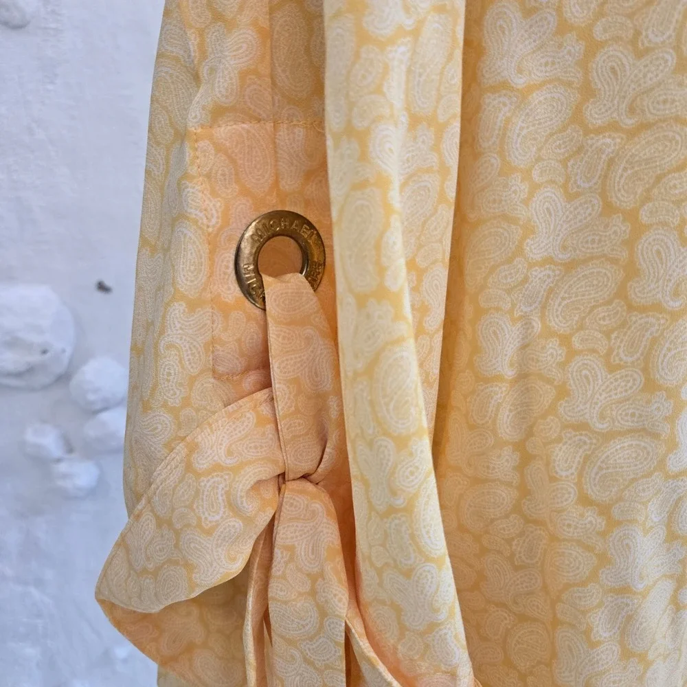 Michael Kors Yellow Paisley Blouson Top Boat Neck Grommet Tie Sleeve Blouse